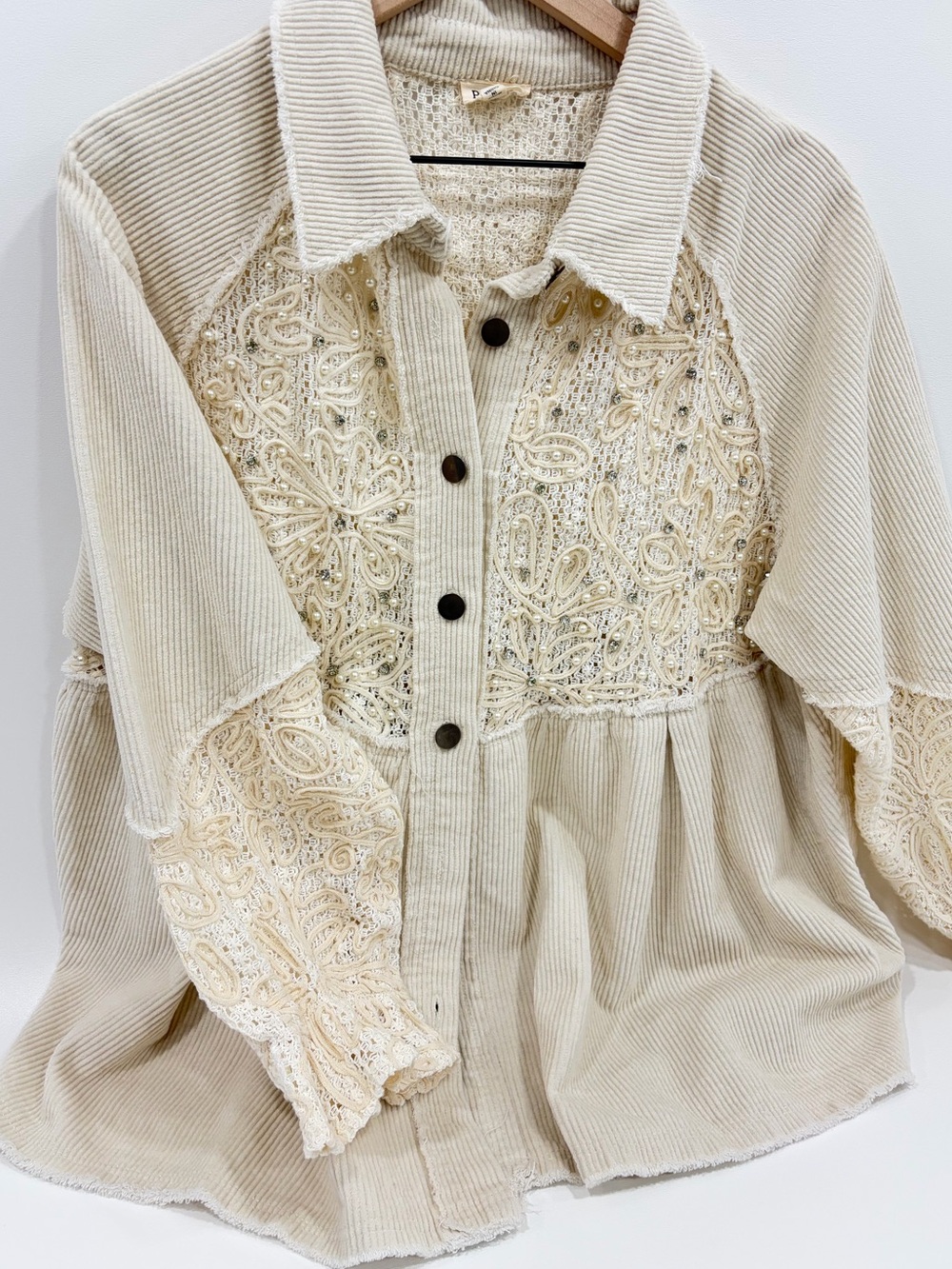 NWT POL Shabby Chic Corduroy and Crochet Lace Button Down Shirt Shacket - Picture 8 of 9